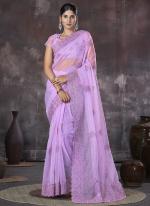 Organza Lavender Party Wear Embroidery Work Saree